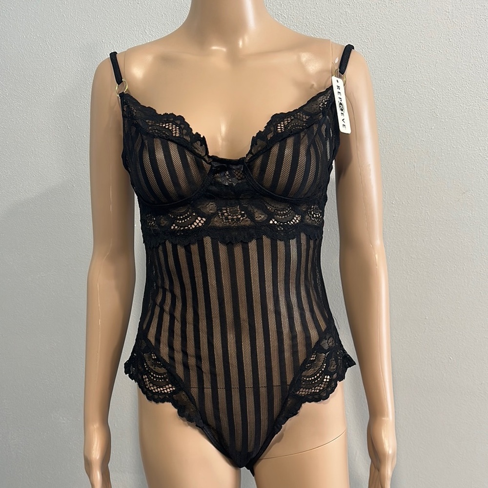 Black Floral & Stripe Lace Bodysuit with Sheer Mesh Panels